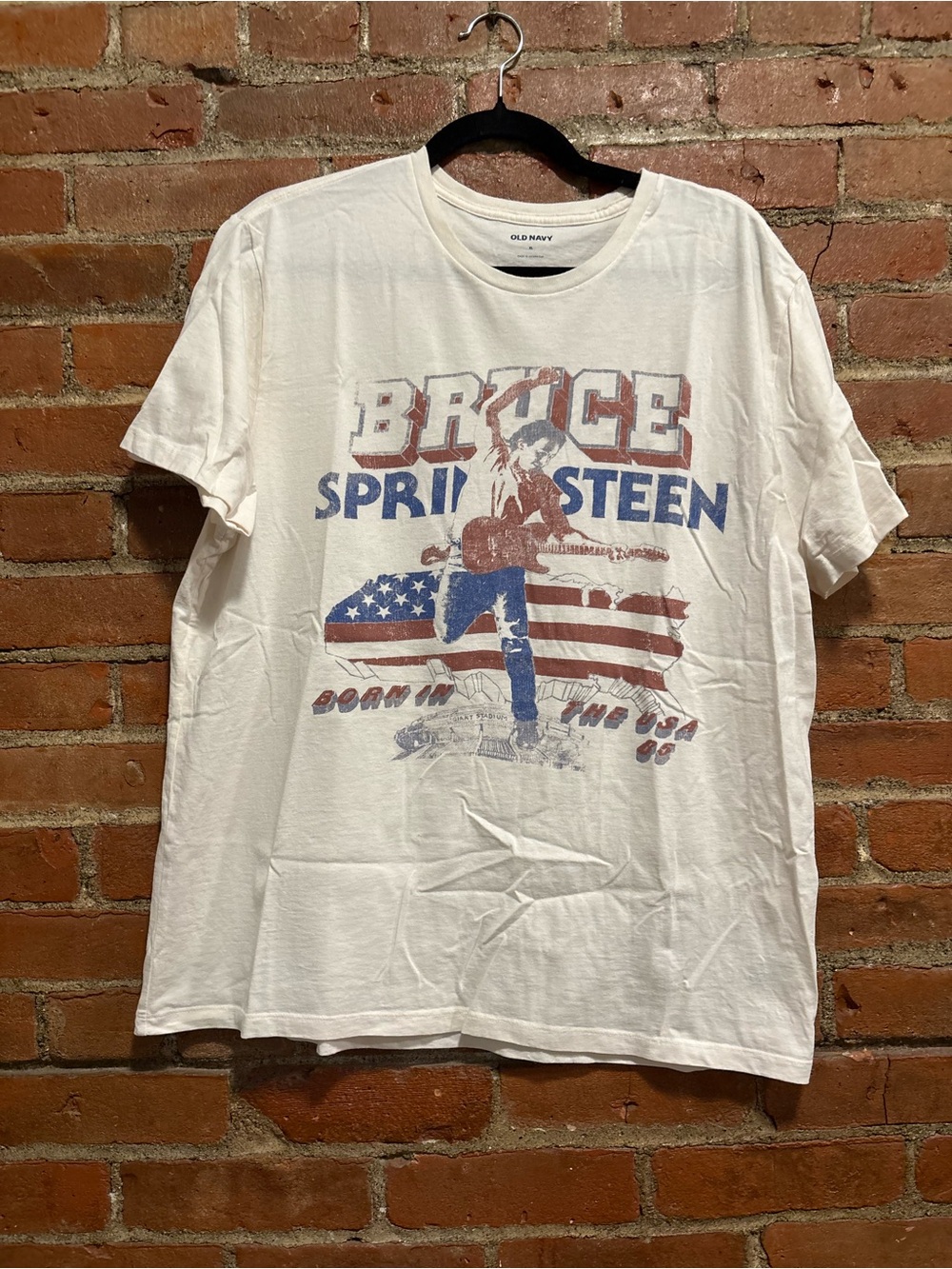 Old Navy Springsteen White Graphic Tee with Red & Blue Print